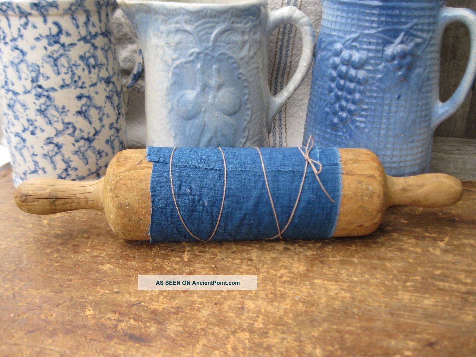 Lg Early Antique Wood Handmade Rolling Pin Wrapped In 1890s Blue Calico Primitives photo