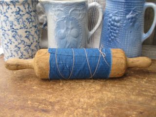 Lg Early Antique Wood Handmade Rolling Pin Wrapped In 1890s Blue Calico photo