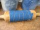 Lg Early Antique Wood Handmade Rolling Pin Wrapped In 1890s Blue Calico Primitives photo 4