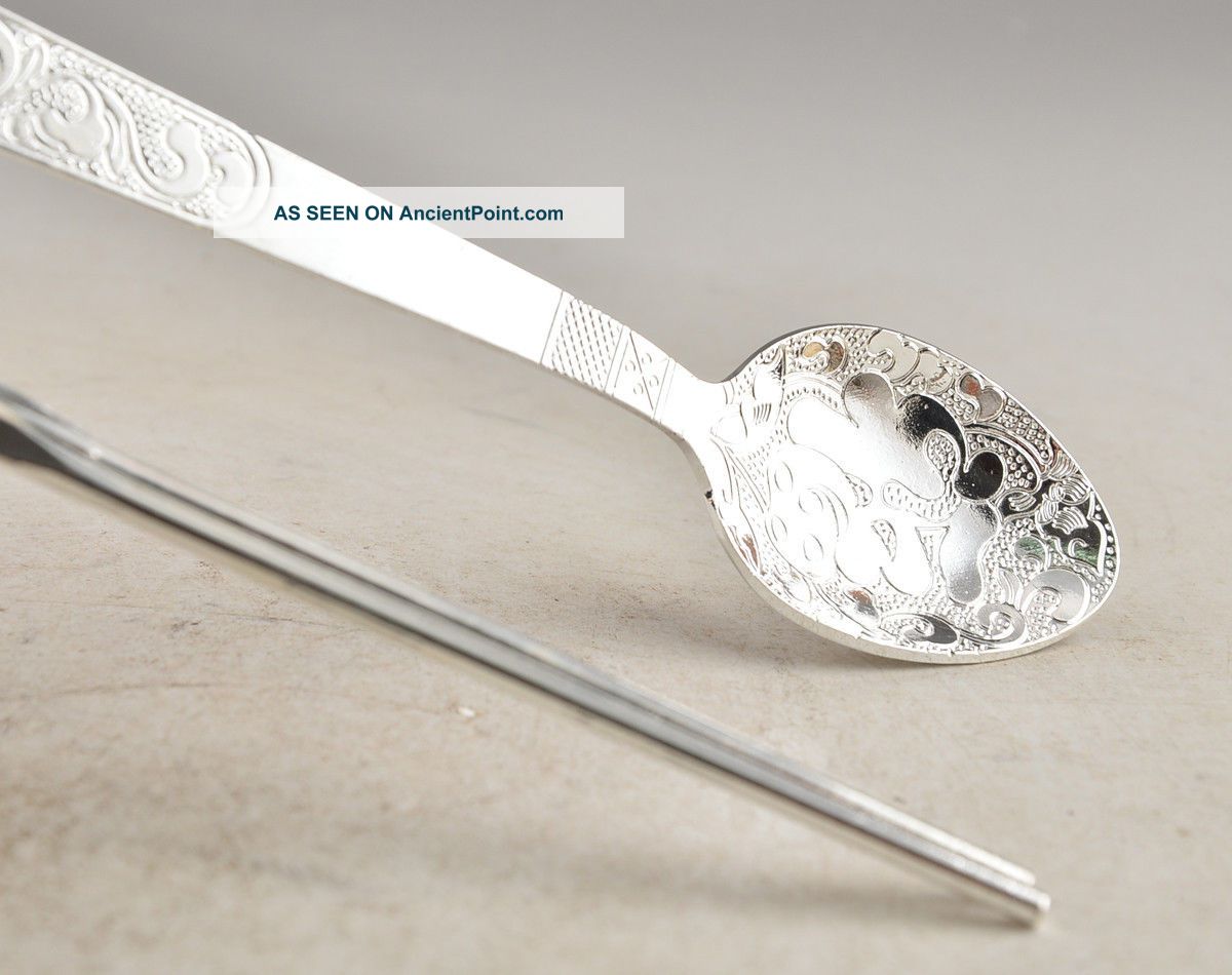 Chinese Handwork Miao Silver Dragon A Set Of Spoon Chopsticks Collectible Tibet photo