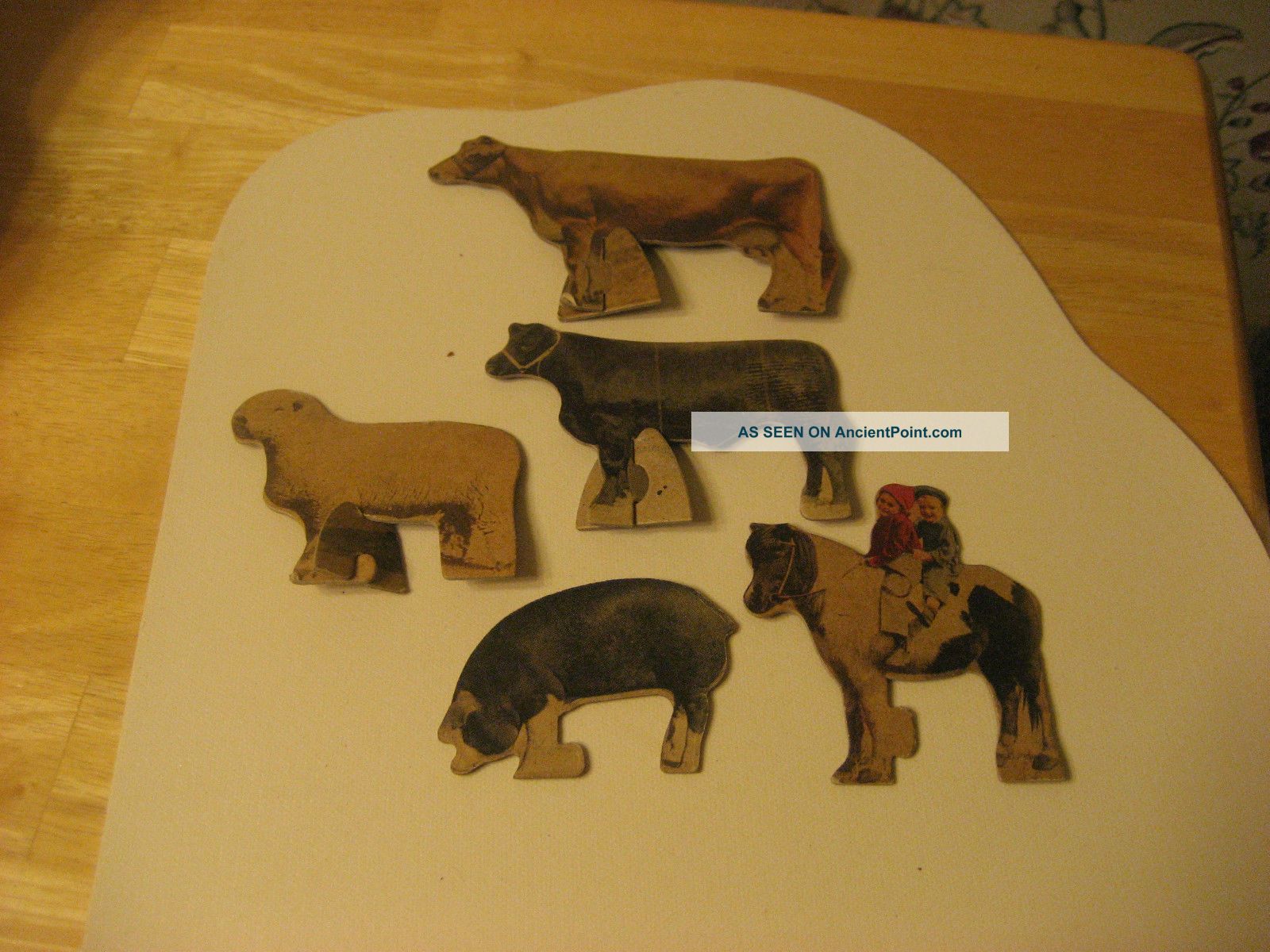 5 Early Paper Litho On Cardboard Farm Animals 3 With Stands Actual Photos Primitives photo