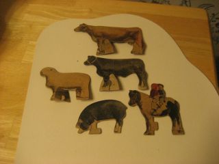 5 Early Paper Litho On Cardboard Farm Animals 3 With Stands Actual Photos photo