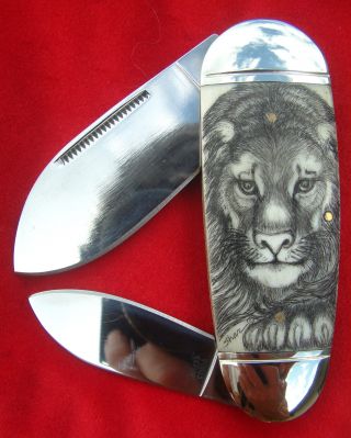 Scrimshaw Wildlife Art By Shar,  Lion Portrait,  Folding Knife/knives photo