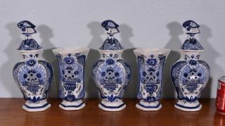 Antique Delft Tin Glazed Faience Cabinet Set Of Vases & Baluster Jars Urns photo
