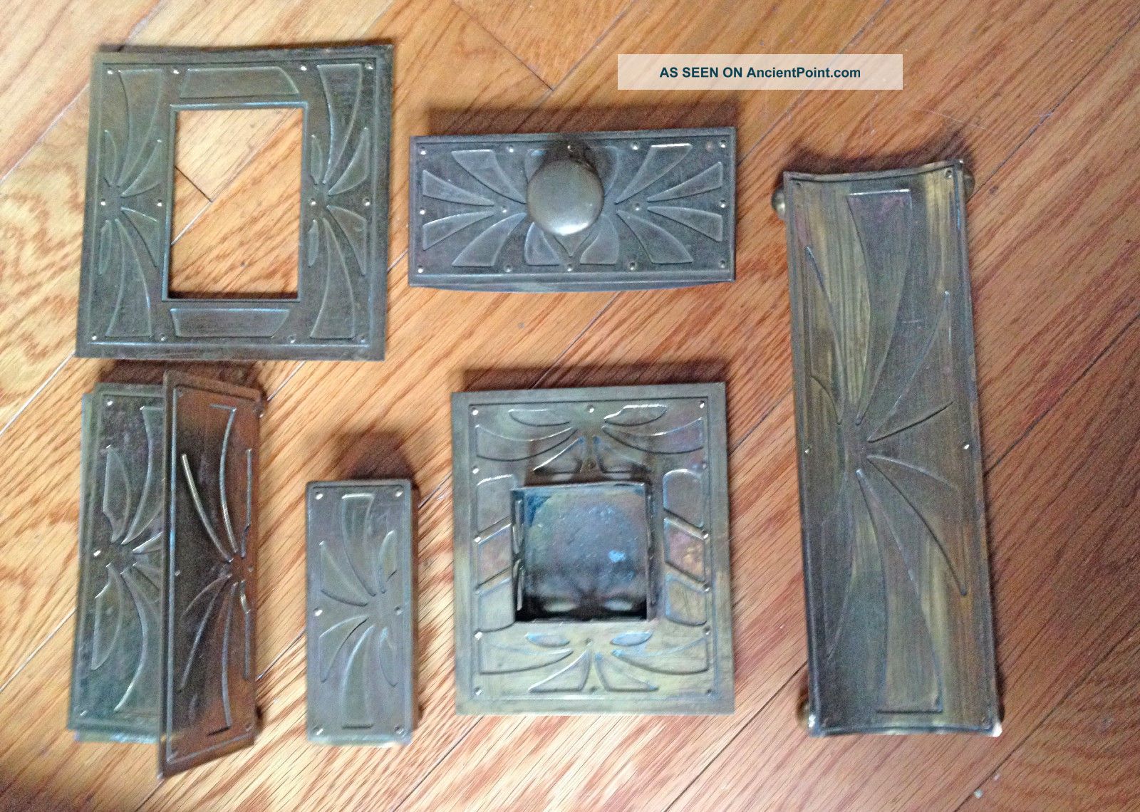 Antique Brass Art Nouveau Arts & Crafts 6 Pc Deck Set Pen Tray M Stamp Box Etc Metalware photo