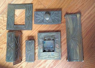 Antique Brass Art Nouveau Arts & Crafts 6 Pc Deck Set Pen Tray M Stamp Box Etc photo