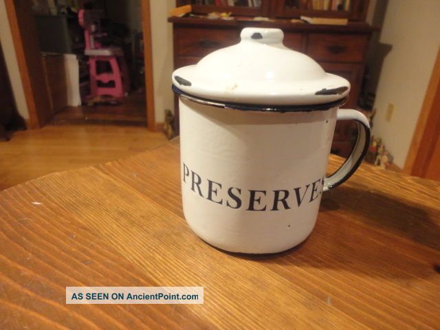 Rare Antique Enamelware Preserves Cup / Mug With Lid White Country Kitchen Primitives photo