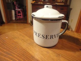 Rare Antique Enamelware Preserves Cup / Mug With Lid White Country Kitchen photo