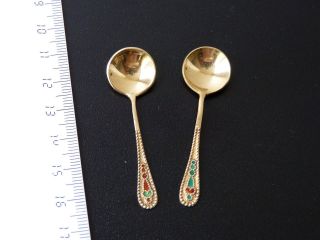 2 Russian Ussr Vintage Enamel Gilt Silver 875 Miniature Salt Spoons 1960s photo