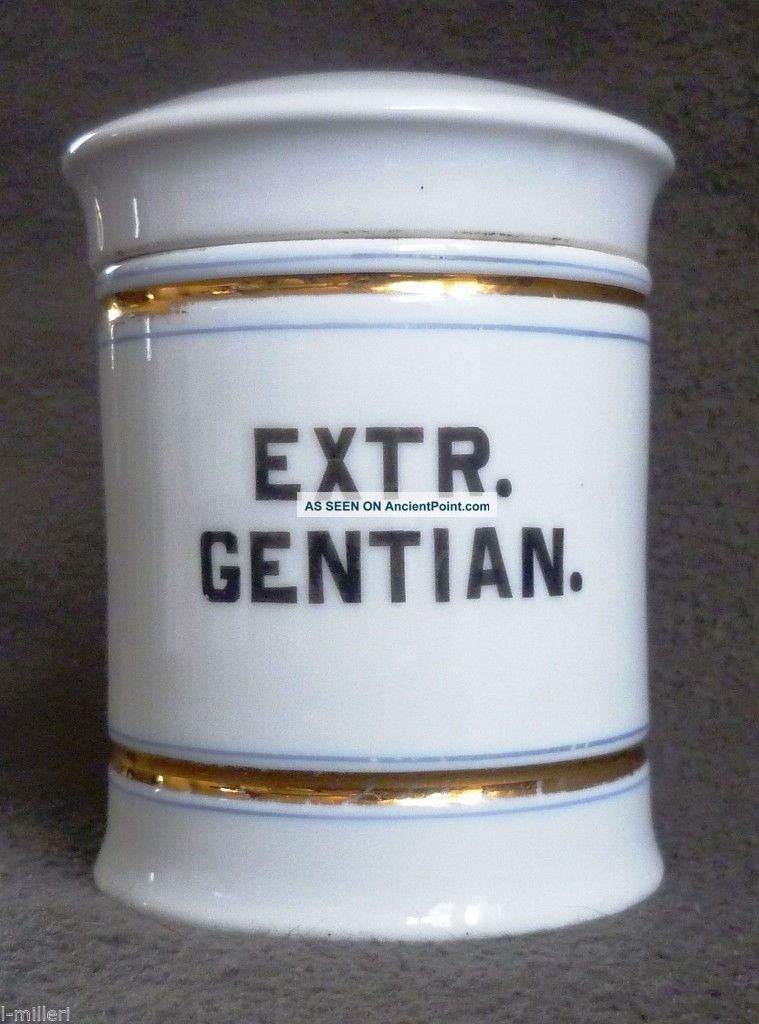 Extr Gentian 19c.  Apothecary Porcelain Gold Jar Pharmacy Drugstore Poison Bottle Bottles & Jars photo