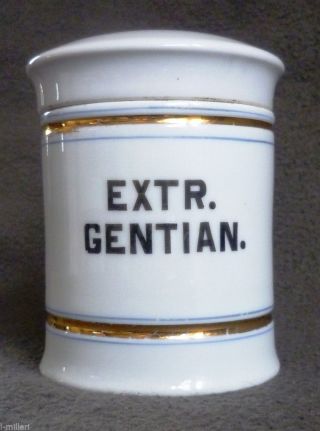 Extr Gentian 19c.  Apothecary Porcelain Gold Jar Pharmacy Drugstore Poison Bottle photo