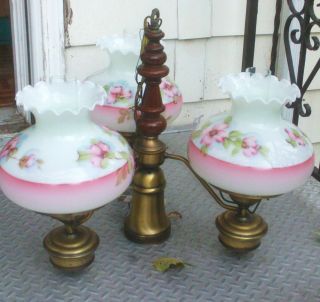 Antique Pink Floral Opaline 4 Light European Chandelier Mahogany Wood 20in photo