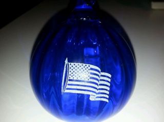 Gibson Glass Co Blue Ornament With American Flag On It.  Hand Made. photo