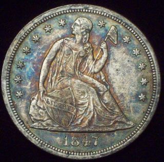 1847 Seated Liberty Silver Dollar Au+/ Unc Detailing Rare Full Rims Rainbow photo