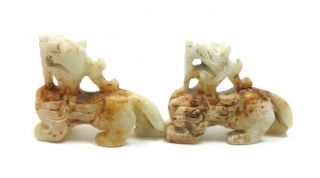 Antiques Chinese Handwork White Old Jade Foo Dog Statues Pendants photo
