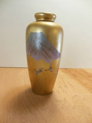 Antique Wood Lacquered Japanese Vase Cranes Mt.  Fuji Golden Color Japan photo