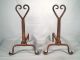 Pair Wrought Iron Folk Art Heart Shaped Andirons - Early 20th Century Hearth Ware photo 6