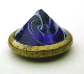 Antique Glass In Metal Button Cobalt Blue & White Swirl Cone In Brass Design photo