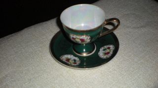 Vintage Hand Painted Crown Shafford China Japan Green & Gold Rose Cup & Saucer photo