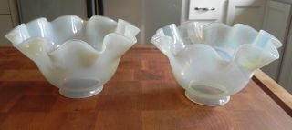 Two Antique White Ruffled Opalescent Glass Shades With 2 1/4 