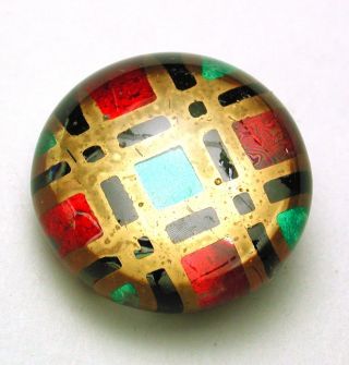 Antique Kaleidoscope Glass Button Red Green Gold & Black Plaid Pattern photo