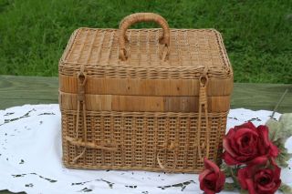 Antique Vntg Wicker Picnic Basket Deep Carry On Hinge Lid Tight Old Weave Bamboo photo