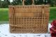 Antique Vntg Wicker Picnic Basket Deep Carry On Hinge Lid Tight Old Weave Bamboo Baskets photo 1