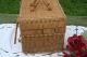 Antique Vntg Wicker Picnic Basket Deep Carry On Hinge Lid Tight Old Weave Bamboo Baskets photo 3