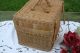 Antique Vntg Wicker Picnic Basket Deep Carry On Hinge Lid Tight Old Weave Bamboo Baskets photo 4