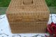 Antique Vntg Wicker Picnic Basket Deep Carry On Hinge Lid Tight Old Weave Bamboo Baskets photo 5