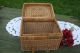 Antique Vntg Wicker Picnic Basket Deep Carry On Hinge Lid Tight Old Weave Bamboo Baskets photo 7