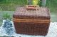 Antique Vntg Wicker Picnic Basket Tote Deep Carry On Hinge Lid Tight Old Weave Baskets photo 2