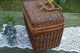 Antique Vntg Wicker Picnic Basket Tote Deep Carry On Hinge Lid Tight Old Weave Baskets photo 3