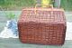 Antique Vntg Wicker Picnic Basket Tote Deep Carry On Hinge Lid Tight Old Weave Baskets photo 4