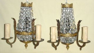 Antique Pair Bronze Crystal Beads Beaded Wall Sconces 9 