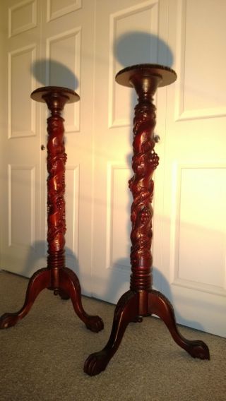 Antique Mahogany Candle Stands,  Grape Carved photo