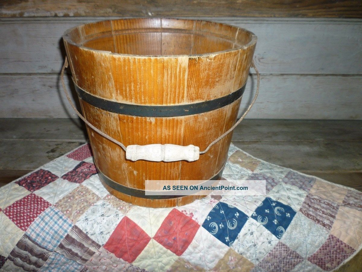 Primitive Antique 19thc.  Wooden Bucket And Wooden Bail Handle Primitives photo