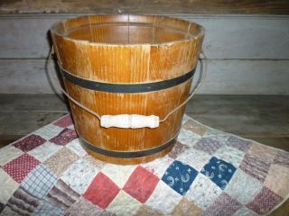 Primitive Antique 19thc.  Wooden Bucket And Wooden Bail Handle photo