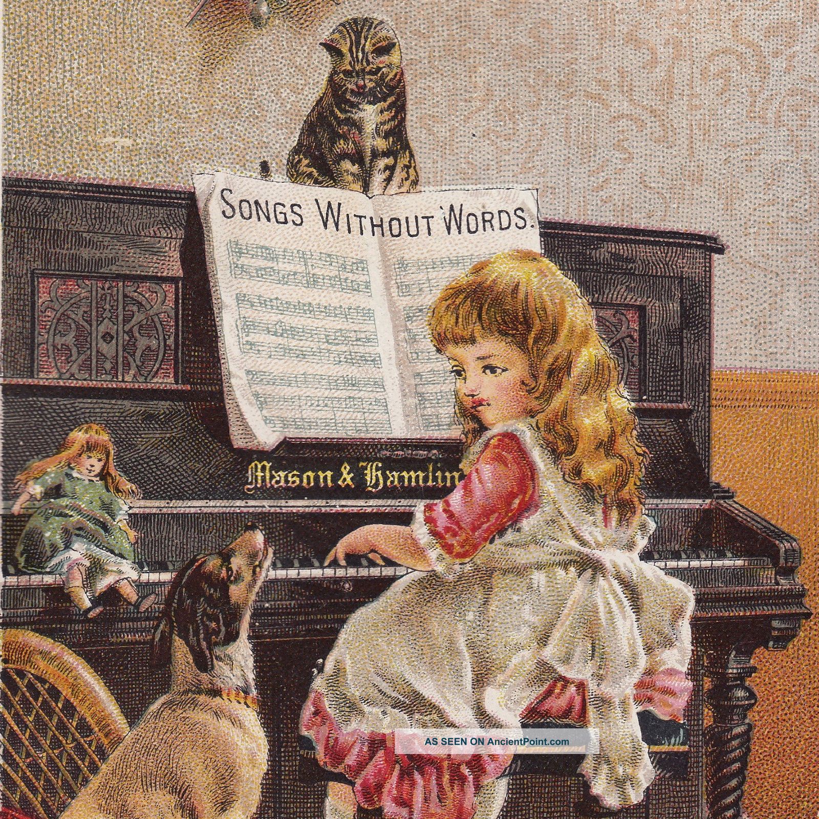 Hollowville Ny Mason & Hamlin Piano Organ Dog Cat Old Victorian Advertising Card Keyboard photo