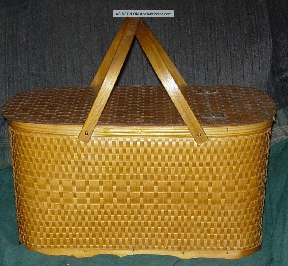 Antique Woven Wicker Picnic Basket Hinged Lid Folded Handles Primitives photo
