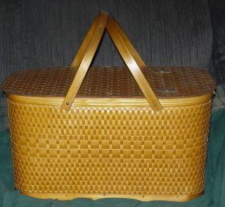 Antique Woven Wicker Picnic Basket Hinged Lid Folded Handles photo