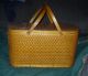 Antique Woven Wicker Picnic Basket Hinged Lid Folded Handles Primitives photo 1