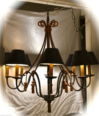 French Tole Bouillotte Chandelier 8 Lamp Light Wrought Iron Gold Tassel photo
