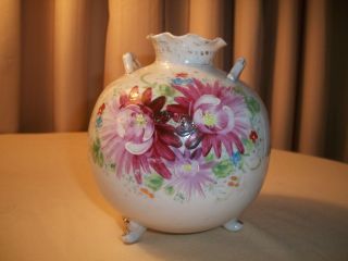 Vintage Antique Rose Bowl Floral Vase Round Circle Handpainted Flowers Shabby photo