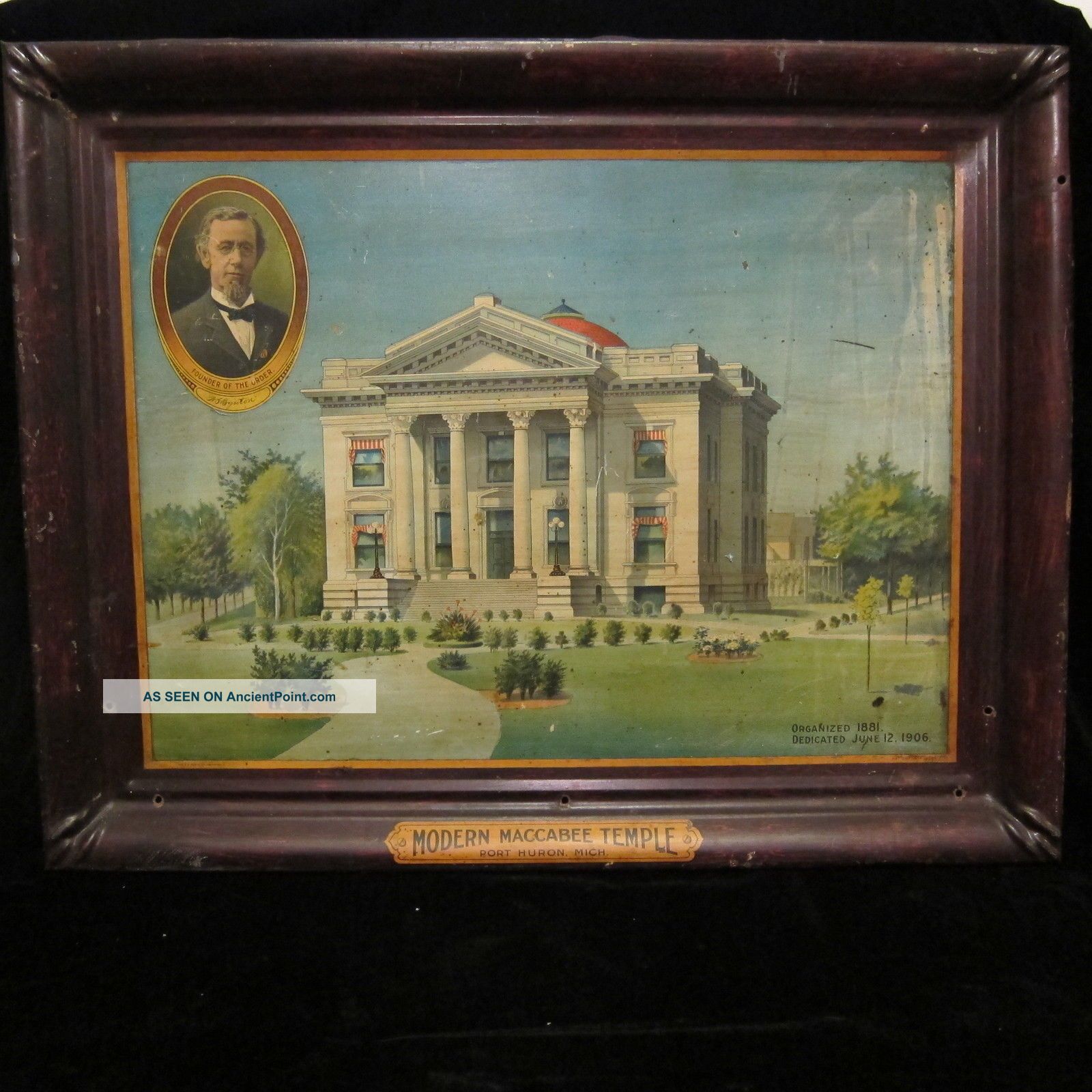 Scarce Antique 1906 Modern Maccabee Temple Port Huron Michigan Tin Hd Beach Co Metalware photo
