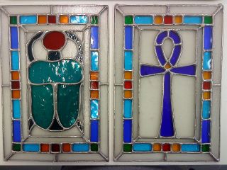 Egyptian Two Panels Ankh Scarab Turquoise Blue Stained Glass - Pewtermoonsilver photo