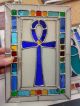 Egyptian Two Panels Ankh Scarab Turquoise Blue Stained Glass - Pewtermoonsilver Egyptian photo 2