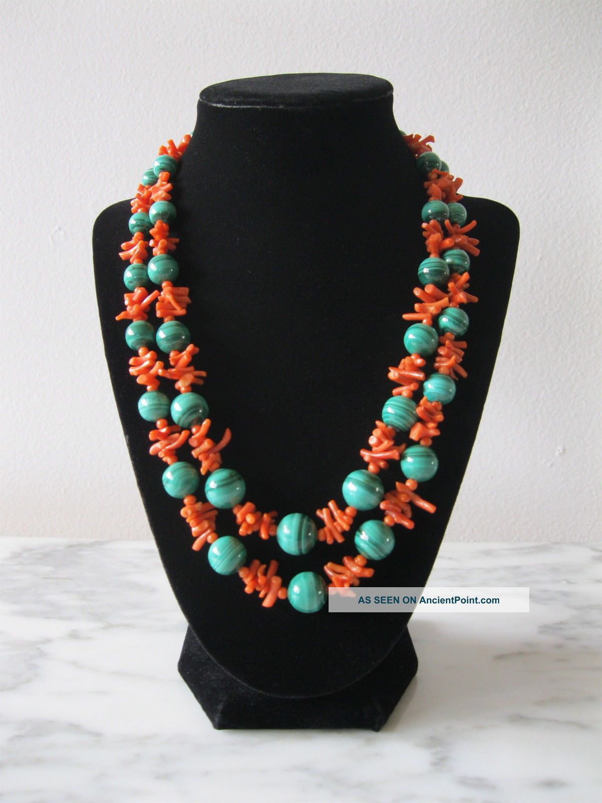 Antique Chinese Italian Coral Malachite Necklace Cloisonne Goldfish Silver Clasp Necklaces & Pendants photo