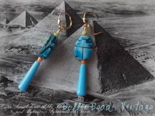 Earrings Egyptian Revival Turquoise Blue Clay Scarab Roman Coral + Glass Beads photo