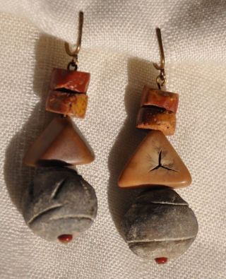 Ancient Artifact Bead Earrings,  Brick Red Agate,  Clay,  Petrified Wood ? photo